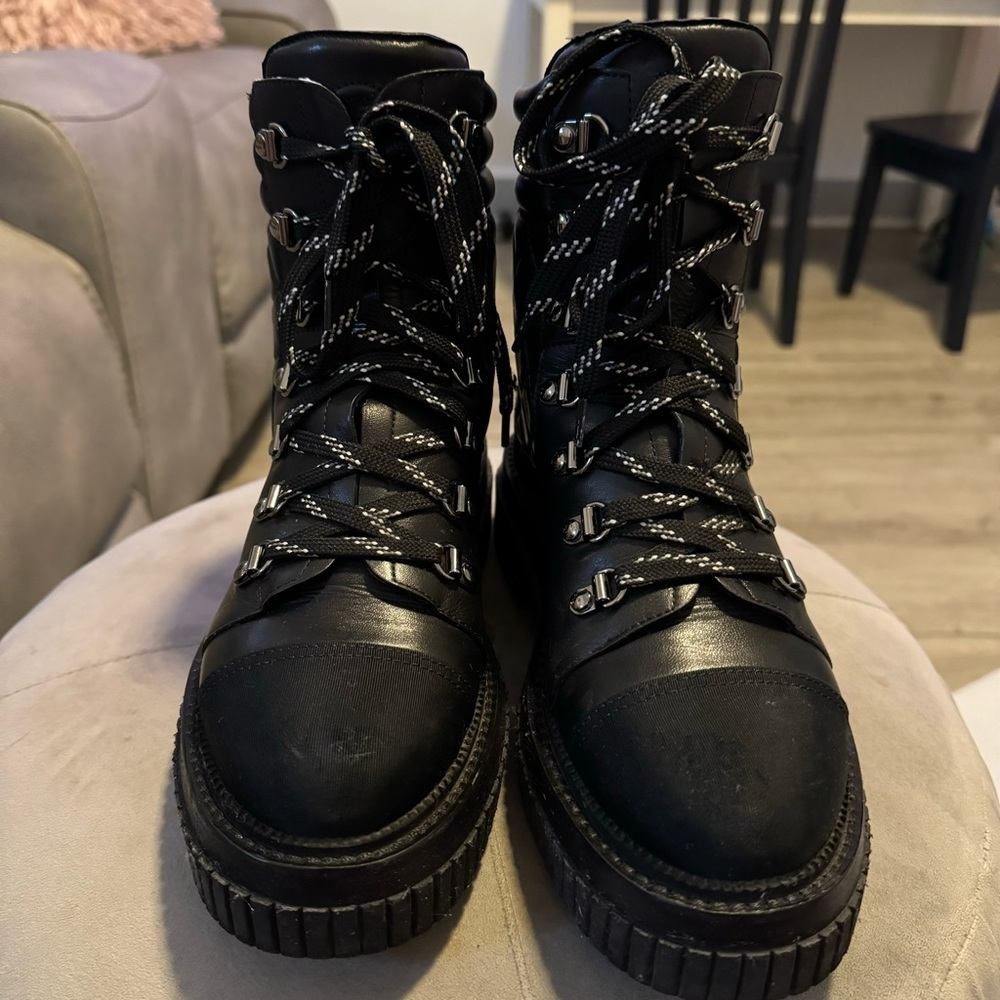 CHANEL Combat Calfskin Grosgrain Quilted Lace Up Boots Size 37 - Picture 6 of 17